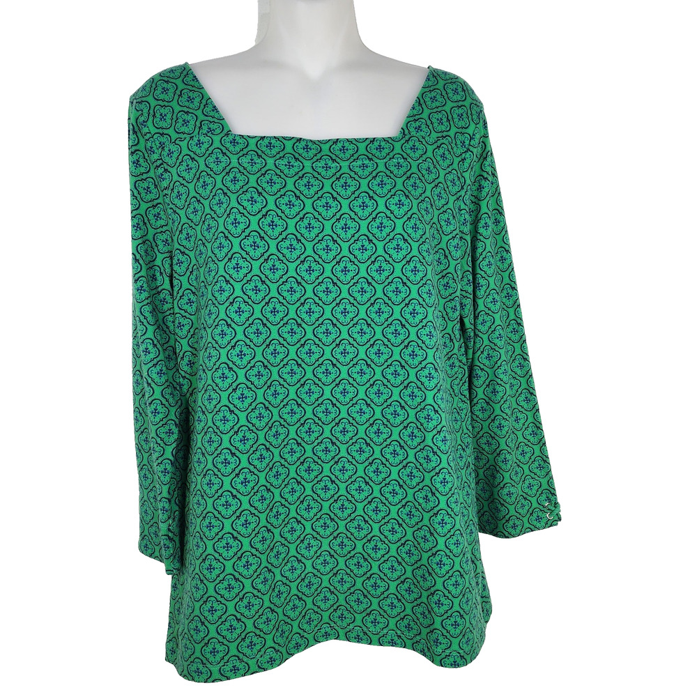 Talbots Top Women Medium Square Neck Green Stretch Cotton 3/4 Sleeve Quatrefoil